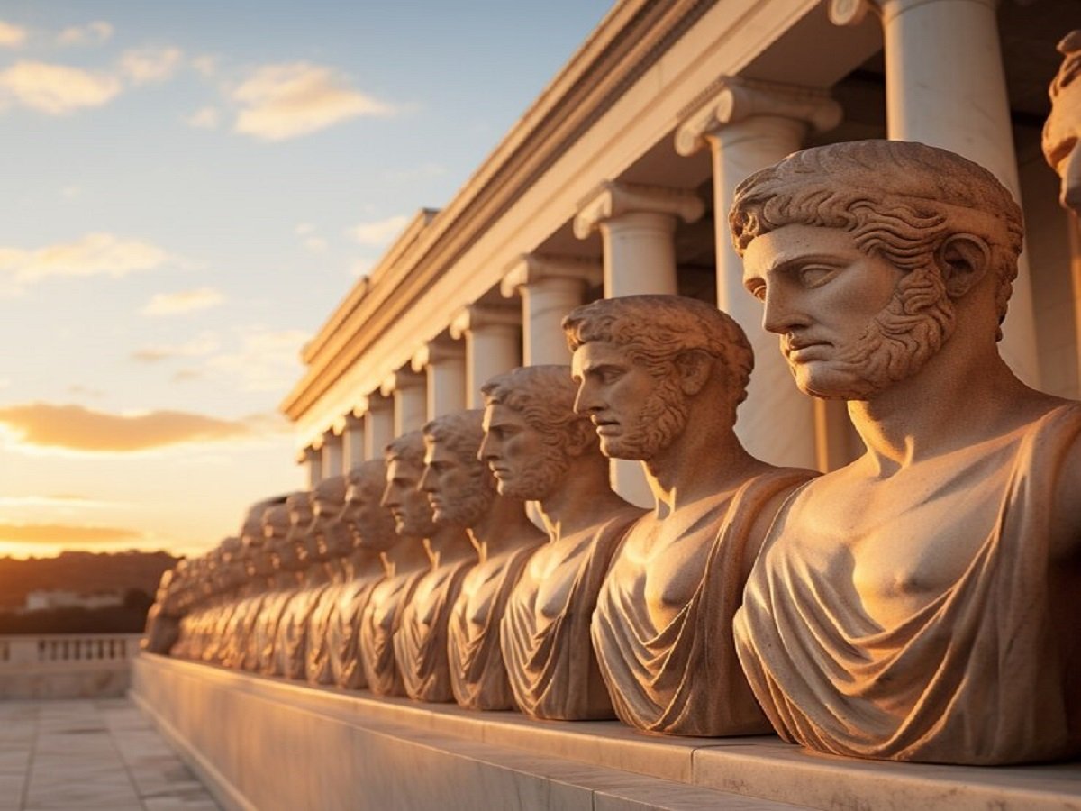 At sunset, a row of ancient-style stone statues aligned along a colonnade cast long shadows.