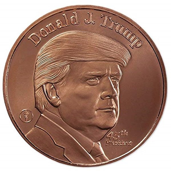 Bronze-colored Trump coin featuring a profile engraving of a man with the text "Donald J. Trump" and "45th President," making it a unique collectible for enthusiasts in the crypto market.