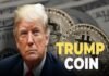 Portrait of a man with the phrase "Trump Coin" elegantly perched beside him, set against a backdrop of large, gleaming coins prominently featuring the Bitcoin symbol.