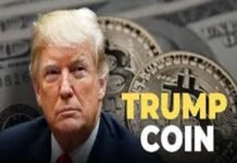 Portrait of a man with the phrase "Trump Coin" elegantly perched beside him, set against a backdrop of large, gleaming coins prominently featuring the Bitcoin symbol.