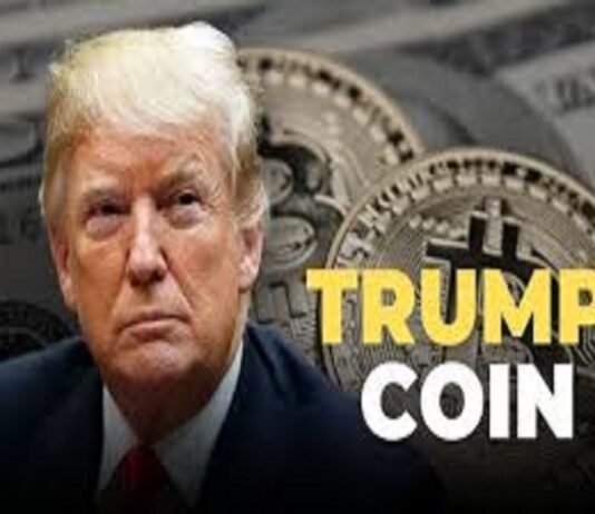 Portrait of a man with the phrase "Trump Coin" elegantly perched beside him, set against a backdrop of large, gleaming coins prominently featuring the Bitcoin symbol.