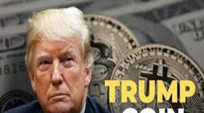 Portrait of a man with the phrase "Trump Coin" elegantly perched beside him, set against a backdrop of large, gleaming coins prominently featuring the Bitcoin symbol.