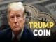 Portrait of a man with the phrase "Trump Coin" elegantly perched beside him, set against a backdrop of large, gleaming coins prominently featuring the Bitcoin symbol.