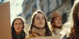 A group of unskilled or underemployed individuals holding signs during a daytime protest.