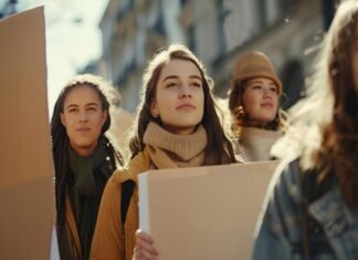 A group of unskilled or underemployed individuals holding signs during a daytime protest.