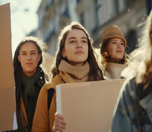 A group of unskilled or underemployed individuals holding signs during a daytime protest.