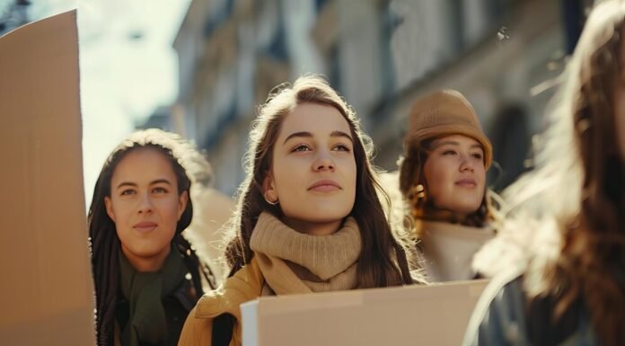 A group of unskilled or underemployed individuals holding signs during a daytime protest.