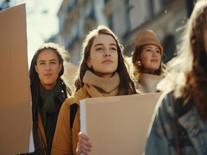 A group of unskilled or underemployed individuals holding signs during a daytime protest.