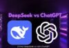 "China DeepSeek vs USA ChatGPT" illuminate a dark background with purple lighting.