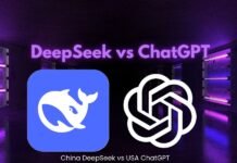 "China DeepSeek vs USA ChatGPT" illuminate a dark background with purple lighting.