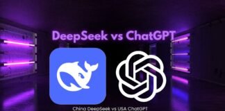 Logos of DeepSeek and ChatGPT with text "DeepSeek vs ChatGPT" and "China DeepSeek vs USA ChatGPT" illuminate a dark background with purple lighting.