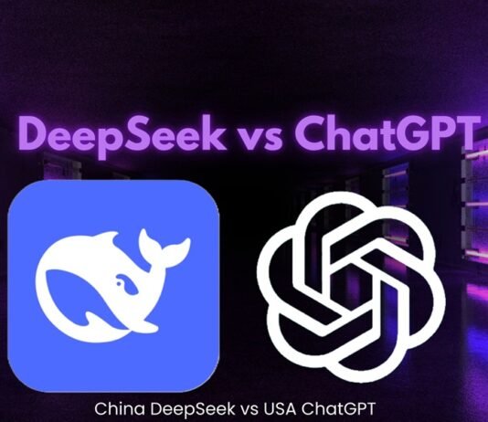 "China DeepSeek vs USA ChatGPT" illuminate a dark background with purple lighting.