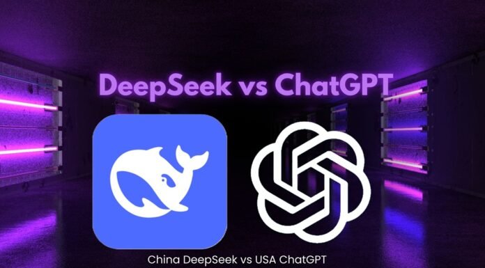 Logos of DeepSeek and ChatGPT with text "DeepSeek vs ChatGPT" and "China DeepSeek vs USA ChatGPT" illuminate a dark background with purple lighting.