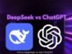 Logos of DeepSeek and ChatGPT with text "DeepSeek vs ChatGPT" and "China DeepSeek vs USA ChatGPT" illuminate a dark background with purple lighting.